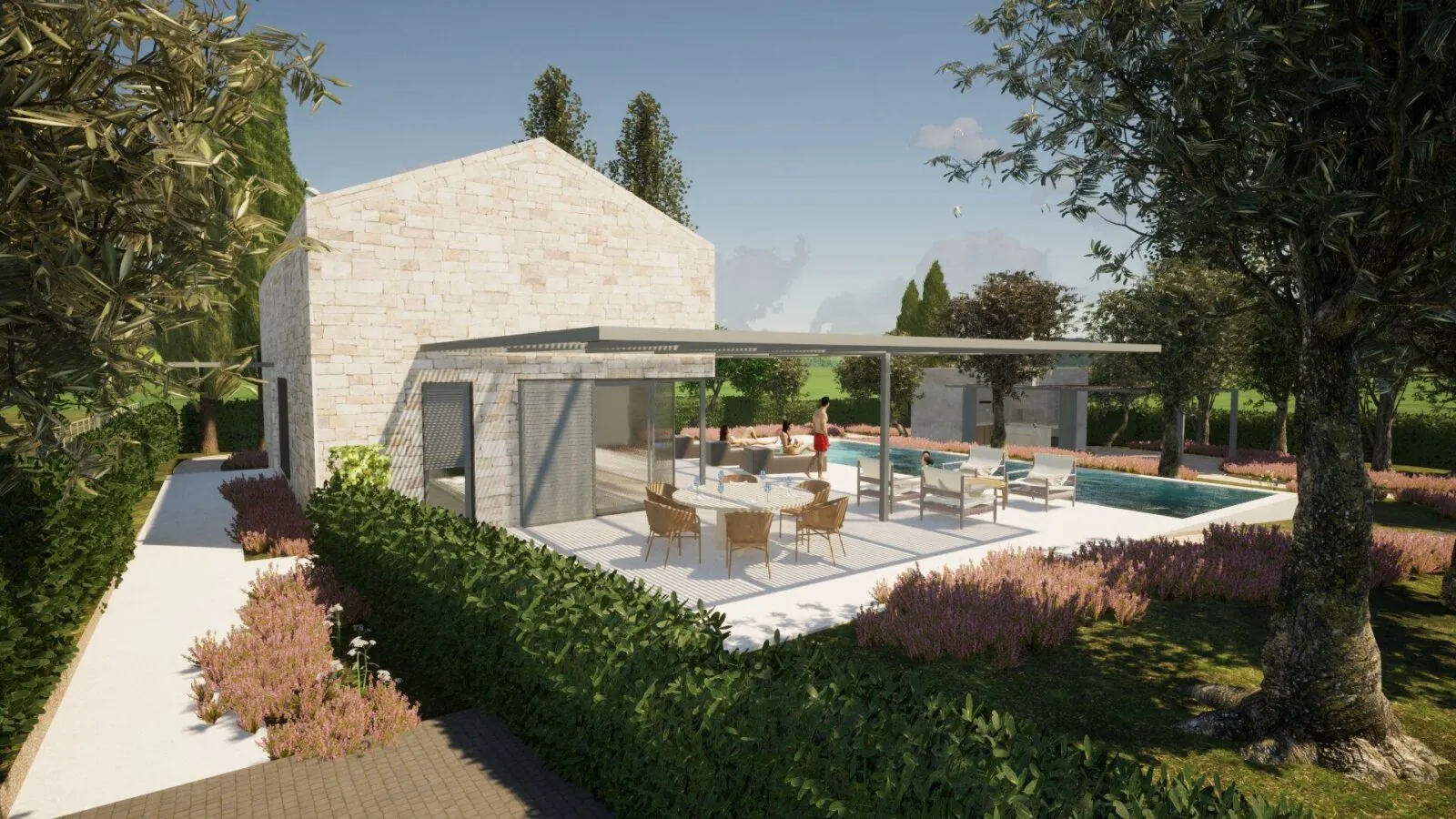 Arhitektonsko projektiranje kuće s bazenom, interijera i okoliša :: VILA MARE - ARHITEKTURA PLUS Arhitektonsko projektiranje kuće za odmor s bazenom – suvremena prizemna kuća u prirodnom okruženju